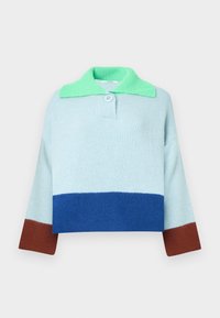 Knitted sweater with a light blue body, green collar, and color-blocked sleeves: blue and brown accents. Features a button detail on the collar.
