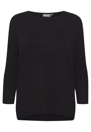 Pull en tricot noir avec un large col rond, des manches trois-quarts et une texture côtelée. Présente une coupe décontractée et un ourlet arrière plus long.