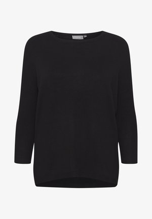 Pull en tricot noir avec un large col rond, des manches trois-quarts et une texture côtelée. Présente une coupe décontractée et un ourlet arrière plus long.