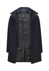 Marineblauer Wollgemisch-Mantel mit strukturiertem Kragen, doppelt geknöpftem Vorderteil und zwei Seitentaschen; verfügt über ein glattes, schwarzes Futter.