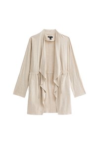 Cárdigan de lino beige con delantero drapeado, mangas largas, dos bolsillos laterales y cordón ajustable en la cintura. Textura suave.