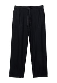 Zwarte, wijde broek van lichtgewicht stof, met een elastische tailleband met een trekkoord en twee zijzakken.