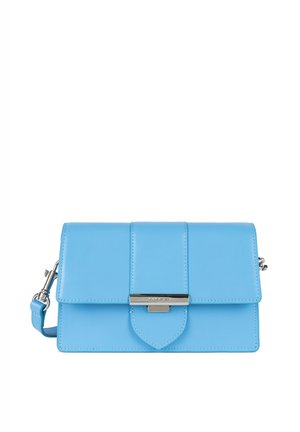 Sky blue leather handbag with a flap closure, featuring silver hardware and a detachable strap. Smooth texture and minimalist design.