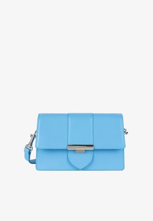 Sky blue leather handbag with a flap closure, featuring silver hardware and a detachable strap. Smooth texture and minimalist design.