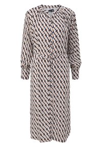 Knopf-up Kleid mit geometrischem Muster in den Farben Marineblau, Weiß und Rost. Lange Ärmel und eine taillierte Bindung.