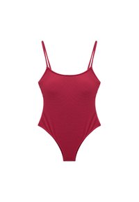 Maillot de bain rouge avec de fines bretelles réglables, décolleté rond et cuisses hautes. Tissu texturé avec une finition lisse, conçu pour une silhouette ajustée.