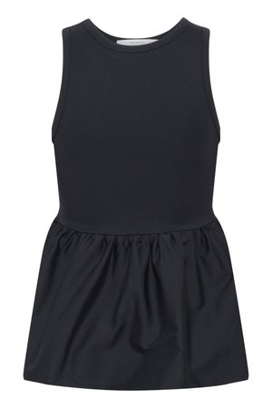 Black sleeveless dress made of smooth fabric, featuring a fitted top and gathered skirt. Simple design with no visible patterns or accents.