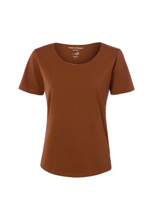 Brązowy bawełniany T-shirt z krótkim rękawem, okrągłym dekoltem, o regularnym kroju, z widoczną metką marki wewnątrz kołnierzyka.