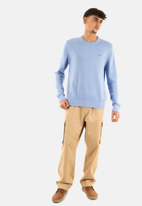 Maglione azzurro chiaro lavorato a maglia con colletto e polsini a costine, abbinato a pantaloni cargo beige con tasche laterali e una vestibilità comoda.