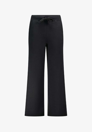 Pantalones de pierna ancha negros con cinturilla elástica y cordón, que presentan bolsillos laterales, exhibidos sobre un fondo blanco liso.