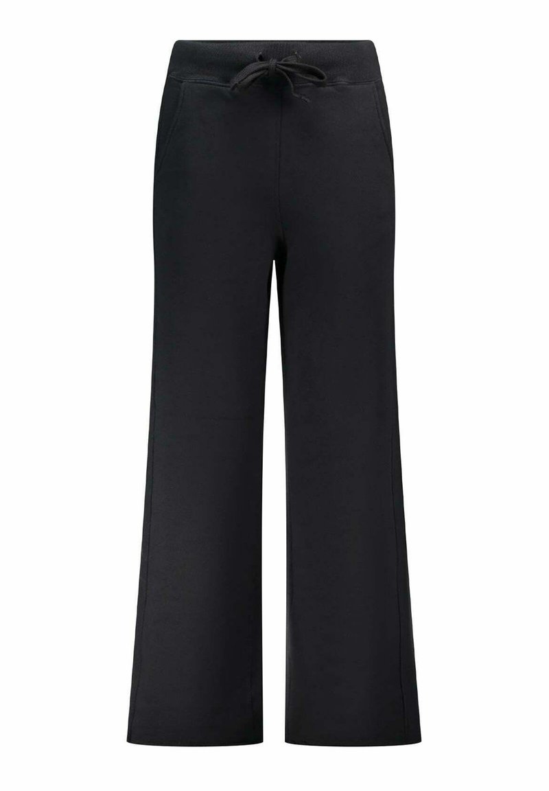 Pantalones de pierna ancha negros con cinturilla elástica y cordón, que presentan bolsillos laterales, exhibidos sobre un fondo blanco liso.
