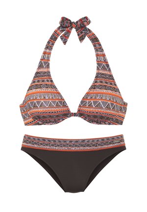 Bikini with halter top featuring orange, brown, and beige geometric and floral patterns, paired with solid dark brown bottoms with matching patterned waistband.