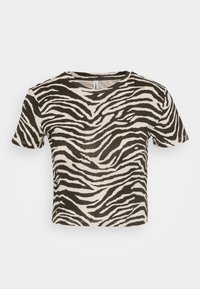 T-shirt a strisce zebrate in beige e marrone scuro. Maniche corte, scollatura rotonda, realizzato in tessuto leggero con una vestibilità ampia.