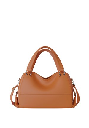 Medium-sized tan leather handbag with dual top handles and a detachable shoulder strap, displayed against a white background.