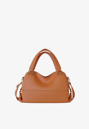 Mittelgroße Handtasche aus beigefarbenem Leder mit zwei oberen Griffen und abnehmbarem Schulterriemen, vor weißem Hintergrund präsentiert.