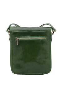 Borsa a tracolla verde in pelle con un design elegante, dotata di tasca frontale con zip e una texture liscia e lucida. Cinghia regolabile inclusa.