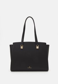 Sort tote bag lavet af tekstureret kunstlæder, med to robuste håndtag, hardware i guldfarve og en firkantet form.