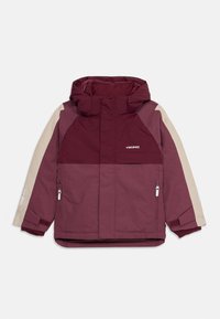 Giacca invernale per bambini di colore bordeaux e beige con cappuccio, zip frontale, tasche laterali e logo "Viking" sul petto e sulle maniche.