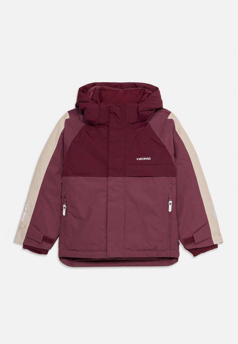 Giacca invernale per bambini di colore bordeaux e beige con cappuccio, zip frontale, tasche laterali e logo "Viking" sul petto e sulle maniche.