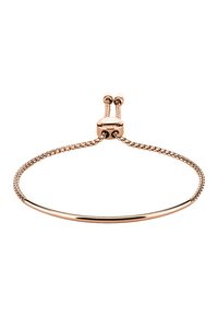 Adjustable rose gold bracelet featuring a smooth, curved central bar and two textured chains with bead accents for closure.