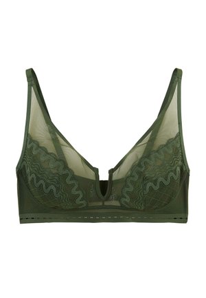 Bralette in pizzo trasparente verde oliva con motivi smerlati intricati, spalline regolabili e scollo a V profondo.