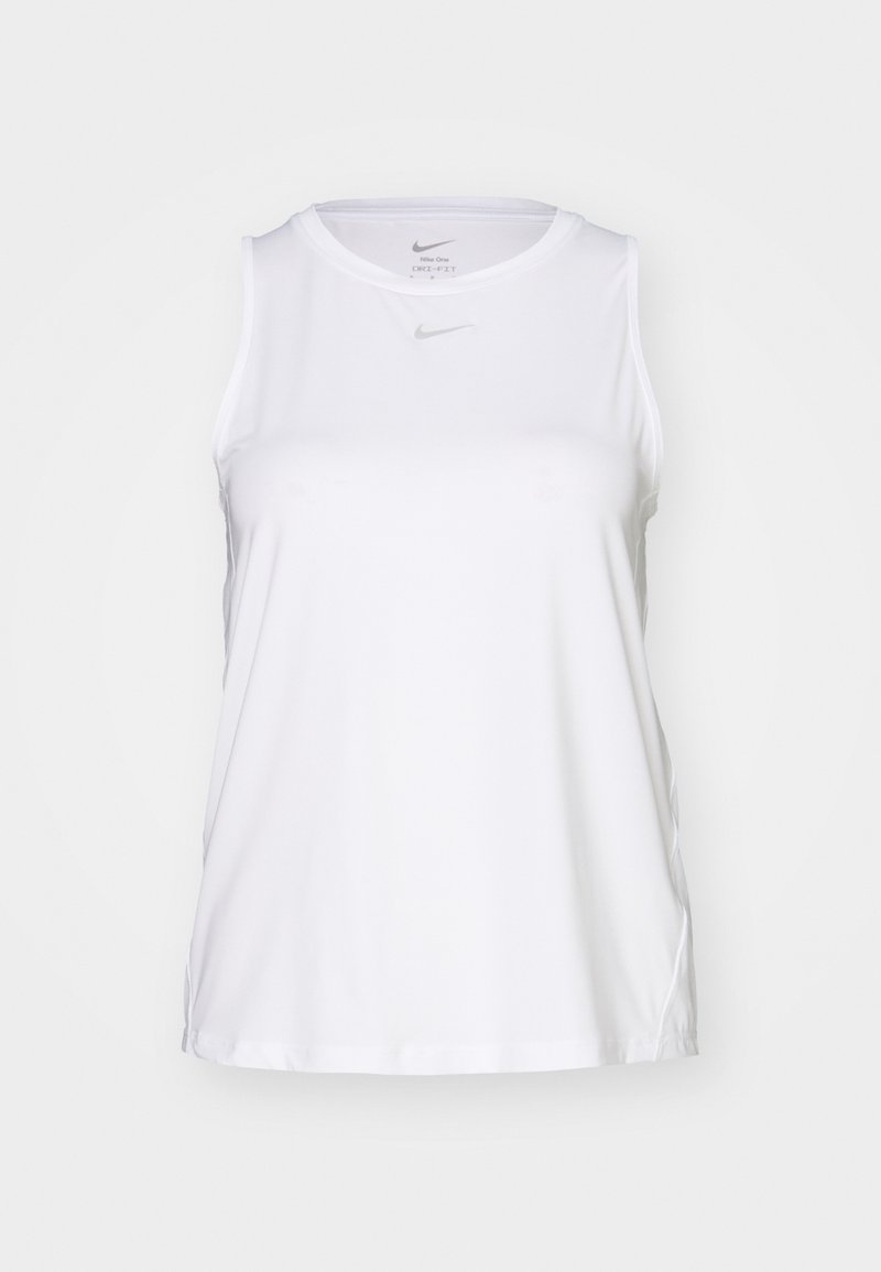 Camiseta sin mangas deportiva Dri-FIT blanca de Nike, con un escote redondo y un sutil logo. Fabricada con tejido ligero que absorbe la humedad.