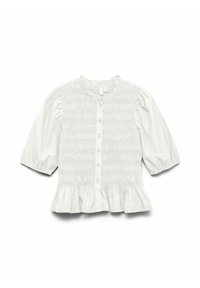 Blouse blanche avec des manches courtes bouffantes, des détails smockés sur le devant, une fermeture à boutons et un ourlet volanté. Fabriquée en tissu léger.