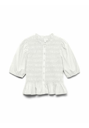 Valge pluus lühikeste puffvarrukatega, smockimise detailidega esipaneelil, nööbiga kinnitamine ja rüüksärgi serv. Valmistatud kergest kangast.