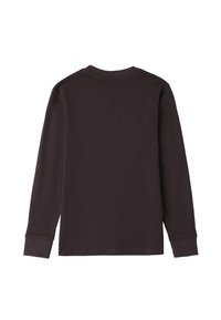 Koszula z długim rękawem w ciemnym brązie, wykonana z miękkiej bawełny, z okrągłym dekoltem i prostym fasonem z prostymi rękawami. Brak widocznych wzorów.