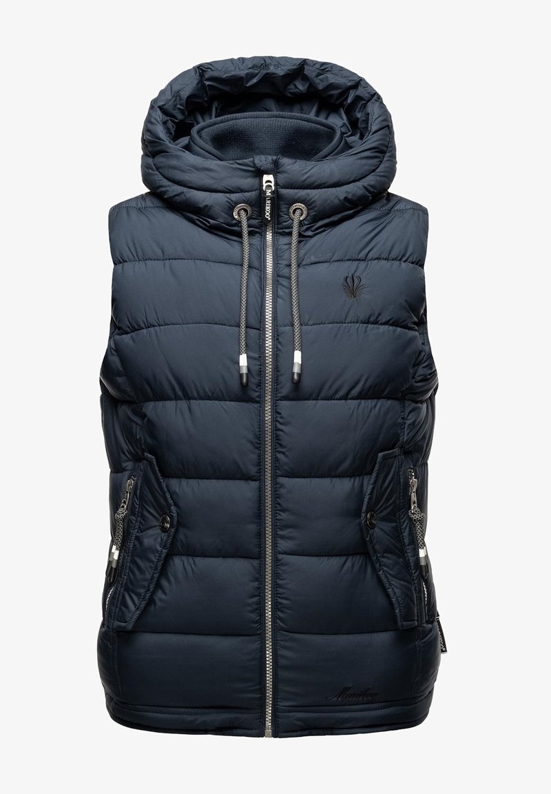 Granatowa pikowana kamizelka puchowa z kapturem, z przeszyciami, dwoma kieszeniami na zamek i sznurkami do regulacji. Wykonana z lekkiego, gładkiego materiału.
