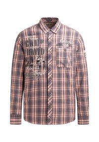 Langärmliges, kariertes Hemd in Rosa, Marineblau und Creme. Verfügt über Knöpfe, eine Brusttasche und bedruckten Text in verschiedenen Farben.
