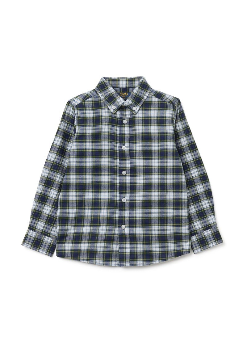 Camicia button-up con motivo a quadri nei colori blu navy, verde e bianco. Maniche lunghe e design con colletto classico. Texture in cotone.