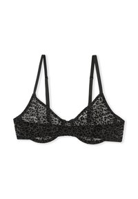 Schwarzer BH mit Leopardenmuster, transparentem Material, einem gewellten Saum, verstellbaren Trägern und Bügeln für Halt. Durchgehend glatte Textur.