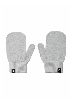 Szare rękawiczki z dzianiny, z ściągaczem przy nadgarstku i metką z logo z boku. Okrągły kształt z wydzielonym miejscem na kciuk.