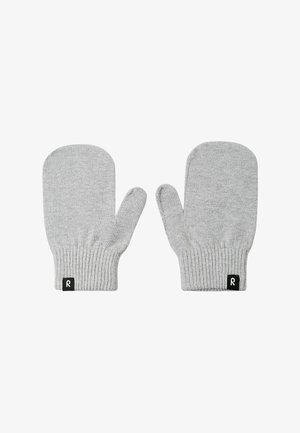Szare rękawiczki z dzianiny, z ściągaczem przy nadgarstku i metką z logo z boku. Okrągły kształt z wydzielonym miejscem na kciuk.