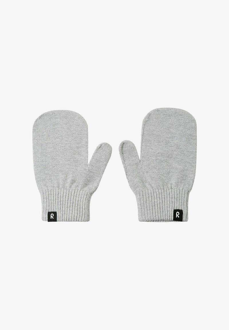 Szare rękawiczki z dzianiny, z ściągaczem przy nadgarstku i metką z logo z boku. Okrągły kształt z wydzielonym miejscem na kciuk.
