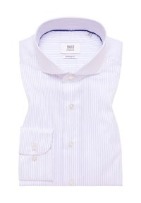 Camicia bianca con righe blu, taglio moderno, colletto button-down e una tasca singola. Caratterizzata da bottoni in perla e una texture di tessuto liscia.