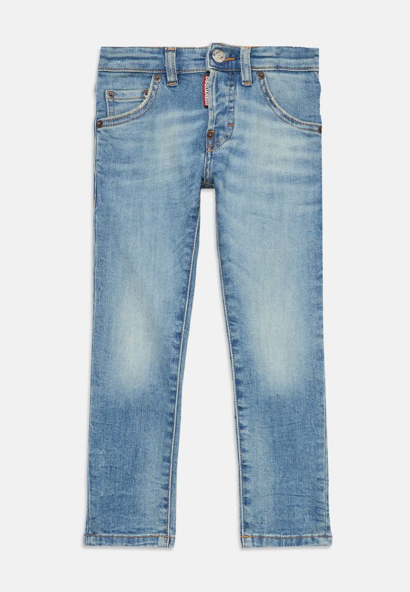 Ljusblå denimjeans med slim fit, femficksdesign, knapp- och dragkedjestängning samt subtila blekningar på tyget.