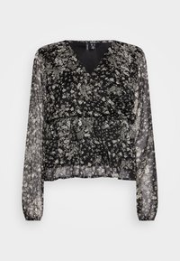 Czarna bluzka w kwiaty z długimi, przezroczystymi rękawami, dekoltem w kształcie litery V, marszczoną talią i miękkim, lekkim materiałem z delikatnym kwiatowym wzorem.
