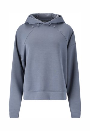 Lyseblå hættetrøje med lange ærmer, snører, raglanærmer og en afslappet pasform.