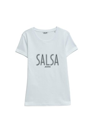 Camiseta blanca de manga corta con cuello redondo y texto "SALSA JEANS" impreso en negro en el centro del frente.