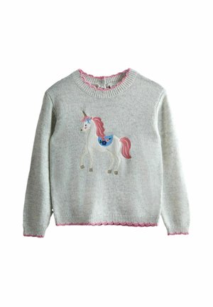 Hellgrauer Strickpullover mit einem rosa gewellten Ausschnitt, der auf der Vorderseite ein besticktes Einhorndesign in Pastellfarben zeigt.