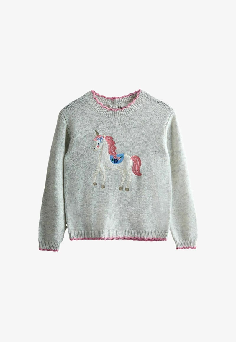 Hellgrauer Strickpullover mit einem rosa gewellten Ausschnitt, der auf der Vorderseite ein besticktes Einhorndesign in Pastellfarben zeigt.