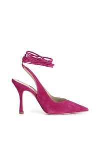 Pink suede high-heeled slingback shoe with a pointed toe and wrap-around ankle ties. Smooth texture with a narrow heel and subtle side cutout.