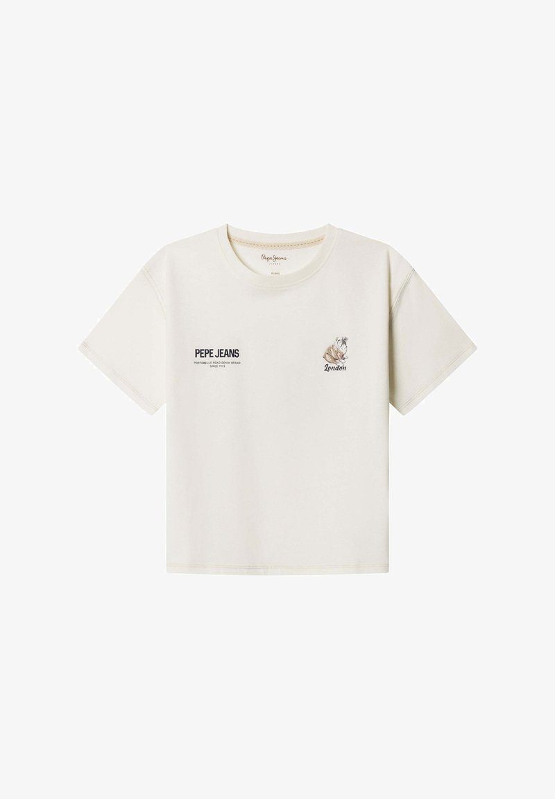 T-shirt à manches courtes de couleur crème avec un col rond. Présente le logo "PEPE JEANS" et un graphique de bulldog sur la poitrine. Tissu en coton.