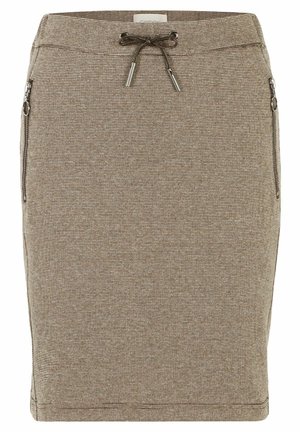 Beiger knielanger Rock mit kleinem Karo-Muster, elastischem Bund mit Kordelzug und vertikalen Reißverschlusstaschen auf beiden Seiten.