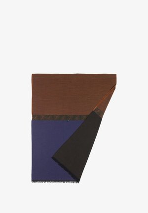 Sciarpa multicolore con sezioni marroni, viola e nere. Presenta una parte superiore marrone testurizzata e un bordo decorato con intricate fantasie in nero e oro. Bordo frangiato.