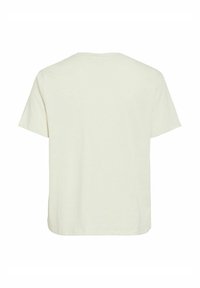 Camiseta de manga corta, de color beige claro, con cuello redondo, material de algodón suave, corte holgado, sin logotipos ni patrones visibles, vista trasera lisa.
