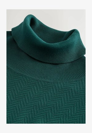 Pulover verde cu guler pe semicerc, prezentând un model texturat în design herringbone, guler ribetat și material neted pentru confort.