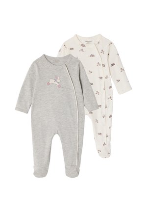 Two long-sleeve baby onesies, one gray with a bunny on wheels print, the other white with small animal and vehicle patterns.